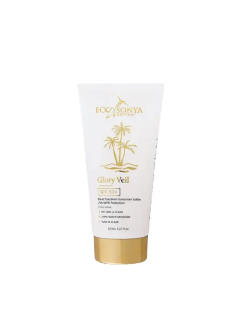 Eco by Sonya Glory Veil SPF 50+ sunscreen, 150ml tube with gold cap.