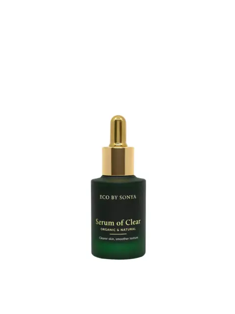 Eco by Sonya Serum of Clear bottle with gold dropper.