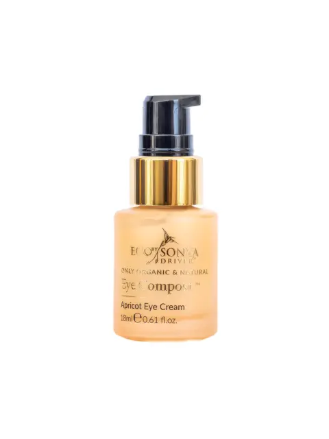 Eco by Sonya apricot eye cream, 18ml bottle with pump dispenser.