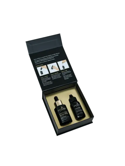 Open box with two black skincare bottles and usage instructions on the lid.