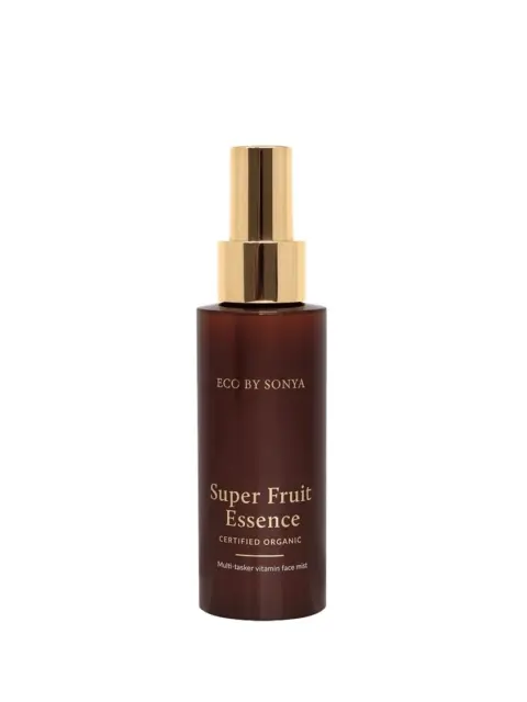 Brown bottle with gold cap labelled "Eco by Sonya Super Fruit Essence".