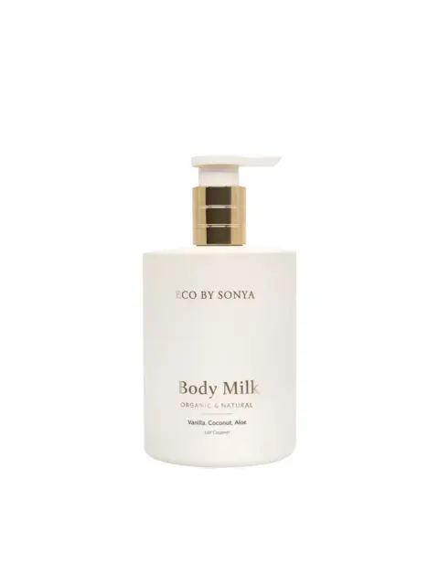 Eco by Sonya Body Milk bottle with pump, vanilla, coconut, aloe.