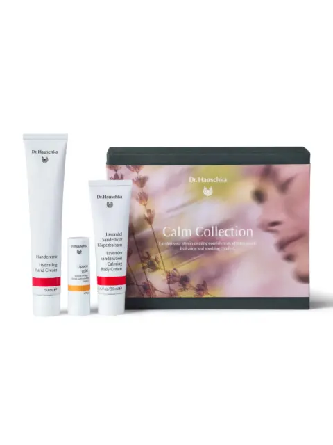 Dr. Hauschka Calm Collection with hand cream, lip balm, and body cream.