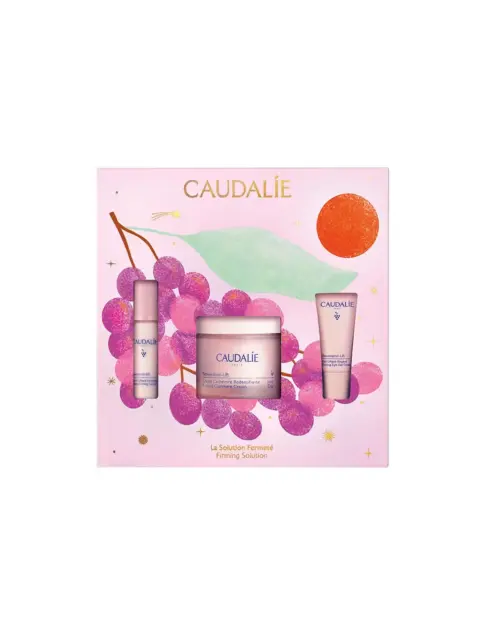 Caudalie skincare set with grape design and firming solution text.