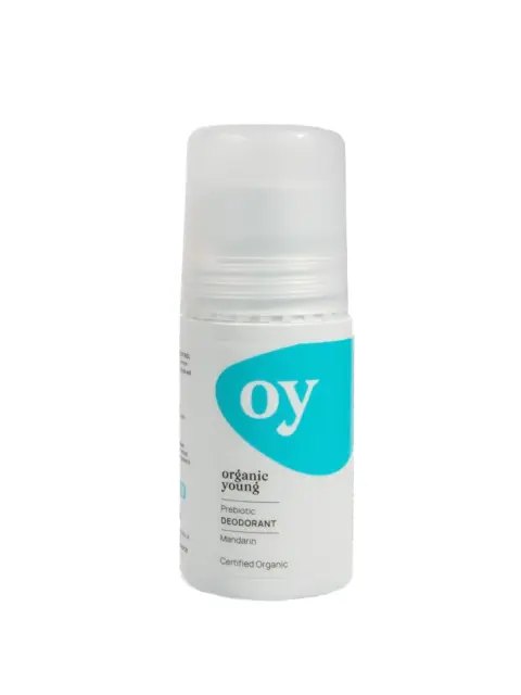 Oy organic young prebiotic deodorant, mandarin scent, certified organic.