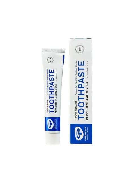 Toothpaste tube and box, peppermint and aloe vera, 100% natural, no fluoride or SLS.