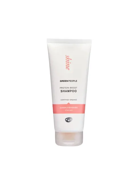White tube of Green People protein-boost shampoo, quinoa and artichoke, for all hair types.