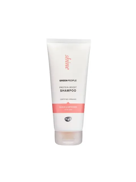 White tube of Green People protein-boost shampoo, quinoa and artichoke, certified organic.