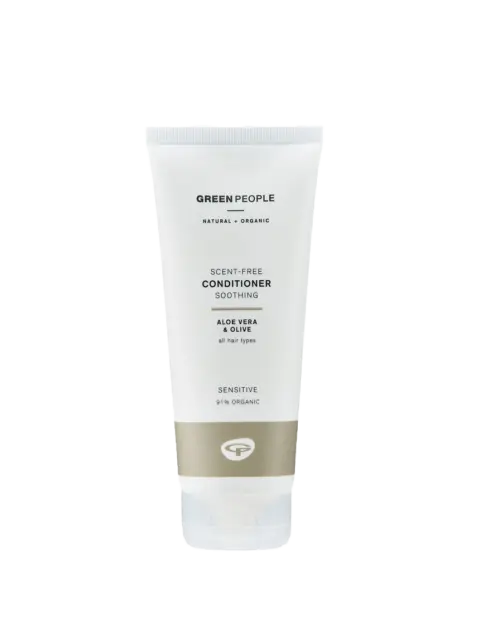 Green People scent-free conditioner tube, aloe vera and olive, 91% organic.
