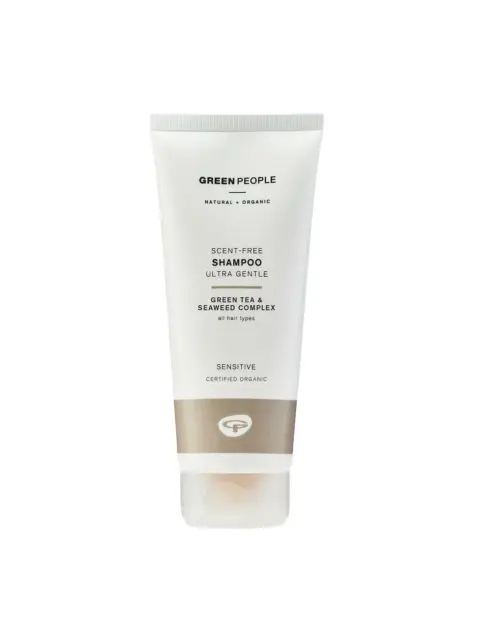 White tube of Green People scent-free shampoo for sensitive hair.