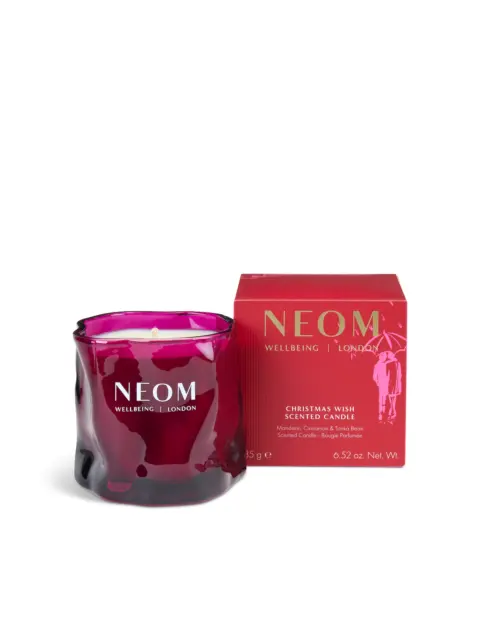 NEOM Christmas Wish scented candle in red glass with matching box.