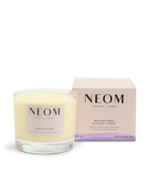 NEOM Bedtime Hero candle with box, chamomile, ylang ylang, cedarwood scent, 420g.