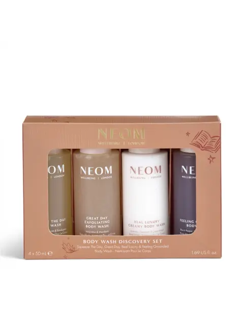 NEOM Body Wash Discovery Set with four 50ml bottles in a cardboard box.