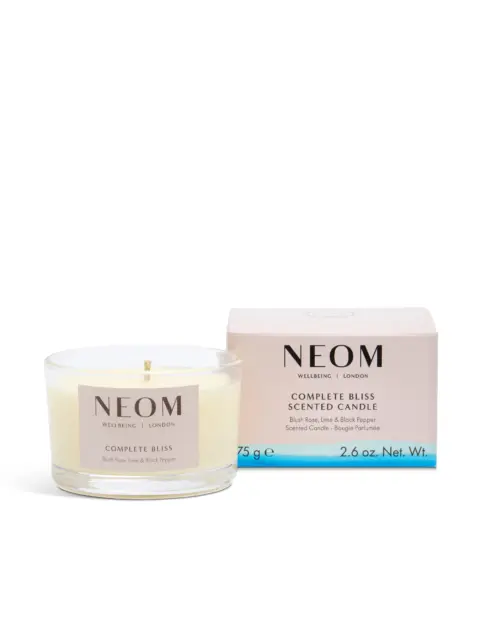 NEOM Complete Bliss scented candle with box, blush rose, lime, and black pepper, 75g.