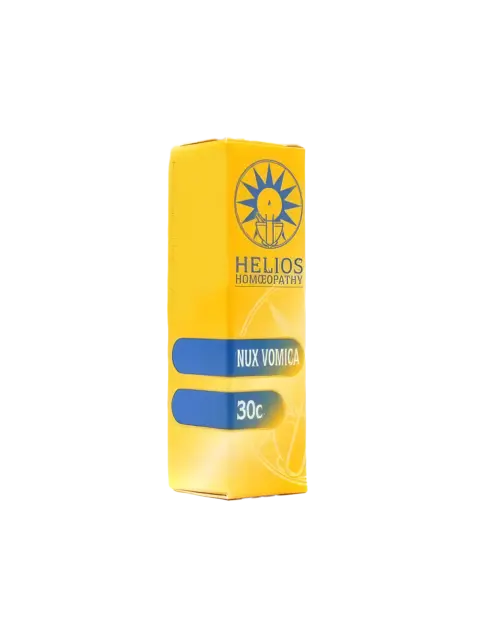 Yellow Helios Homoeopathy box labelled "Nux Vomica 30c" with a sun logo.