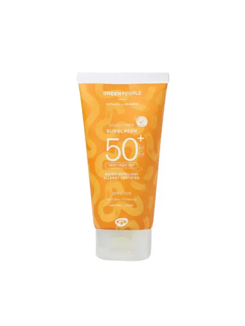 Orange tube of scent-free SPF 50+ sunscreen, water repellent, allergy certified.