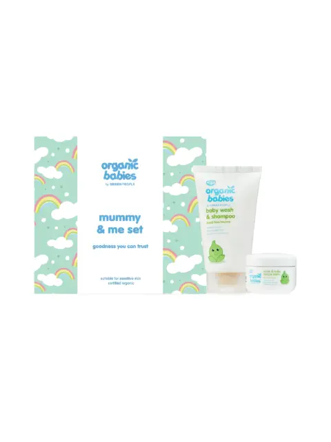 Organic Babies Mummy & Me set with baby wash and rescue balm, rainbow packaging.
