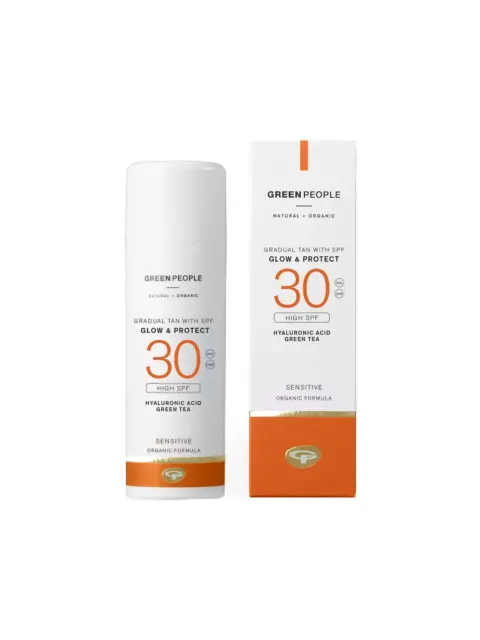 Green People SPF 30 gradual tan bottle and box, hyaluronic acid, green tea, organic formula.