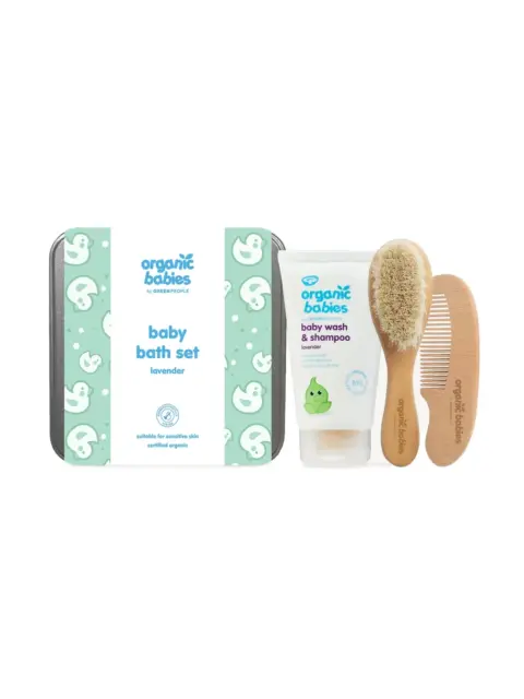 Baby bath set with lavender wash, brush, and comb. Suitable for sensitive skin.