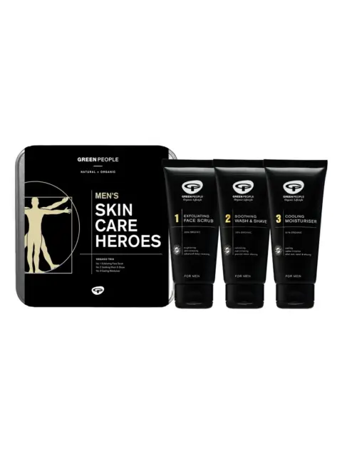 Men's skincare set with face scrub, wash, and moisturiser by Green People.
