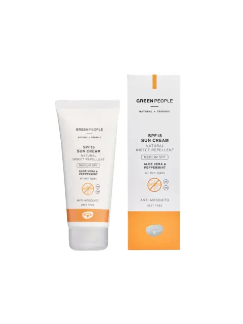Green People SPF15 sun cream with insect repellent, aloe vera, peppermint, DEET free, 150ml tube.