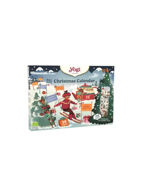 Yogi Organic Christmas Calendar with skier, trees, and 24 tea bags.