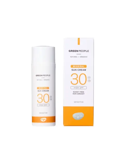Mineral sun cream SPF 30, scent-free, non-greasy, for sensitive skin. White bottle and box.