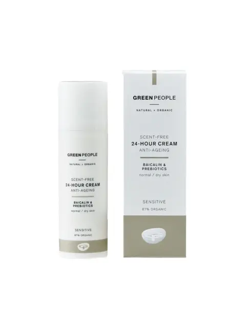 Green People scent-free 24-hour cream for normal/dry skin, anti-ageing, 87% organic.