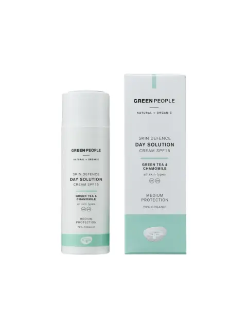Green People Skin Defence Day Solution Cream SPF15 with green tea and chamomile, 79% organic.