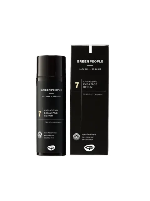 Green People Anti-Ageing Eye & Face Serum, certified organic, black bottle and box.