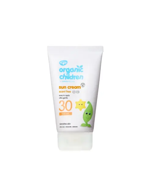 Organic Children SPF 30 sun cream, scent free, for sensitive skin. Aloe vera, chamomile, edelweiss.