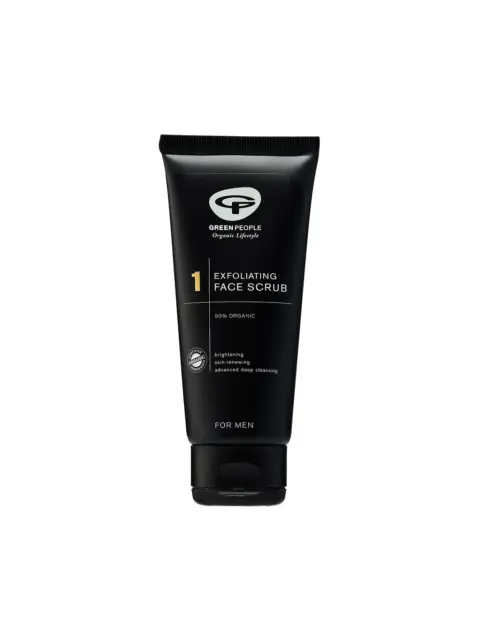 Black tube of Green People exfoliating face scrub for men, 90% organic.