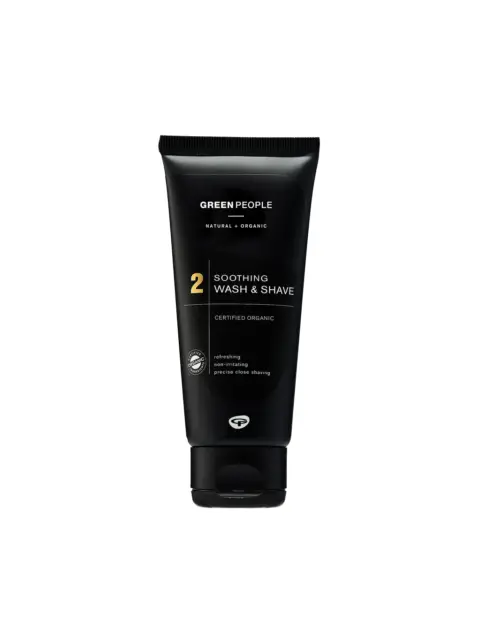 Green People Soothing Wash & Shave tube, certified organic, black packaging.