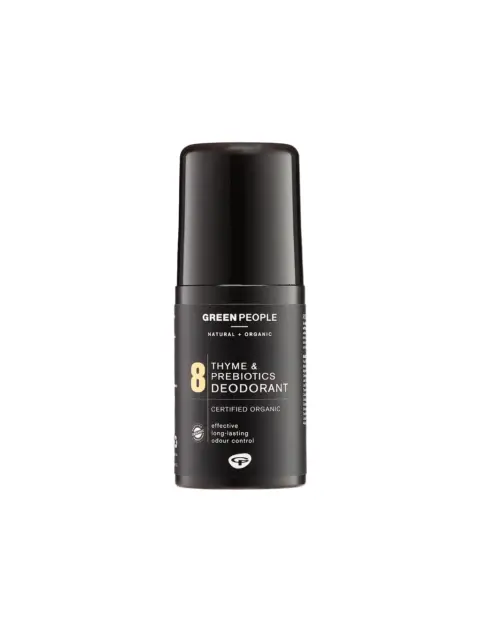 Green People Thyme & Prebiotics Deodorant, certified organic, black bottle.