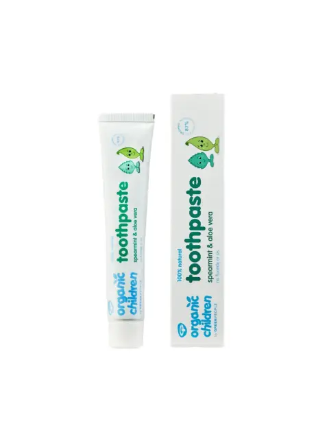 Organic children's toothpaste, spearmint and aloe vera, tube and box with fish illustrations.