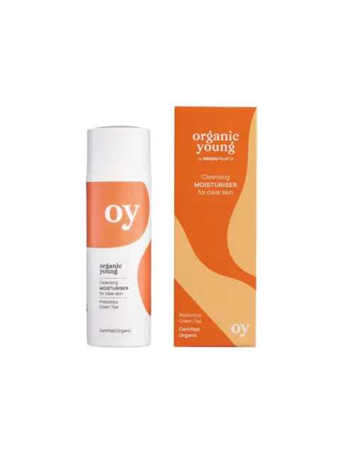 Organic Young Cleansing Moisturiser bottle and box, orange and white design.
