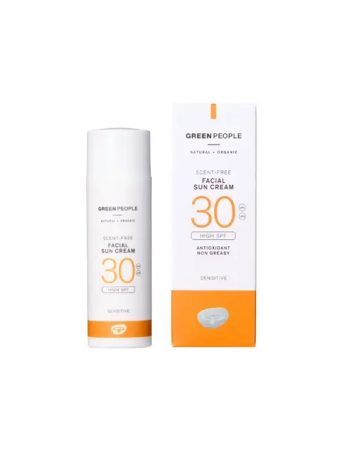 Green People scent-free facial sun cream SPF 30 bottle and box.