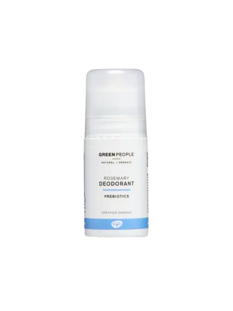 Green People rosemary deodorant with prebiotics, certified organic, in a white and blue container.