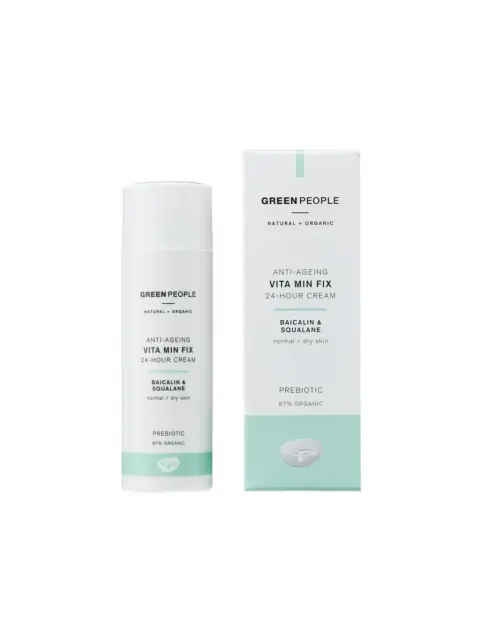 Green People Vita Min Fix cream bottle and box for normal/dry skin, 87% organic.