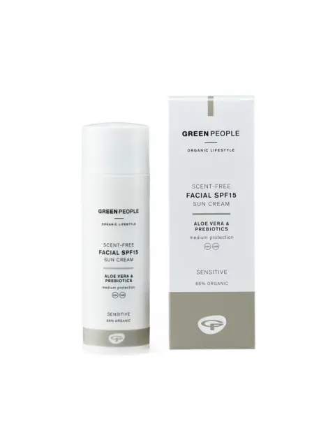Green People scent-free facial SPF15 sun cream with aloe vera and prebiotics, 66% organic.