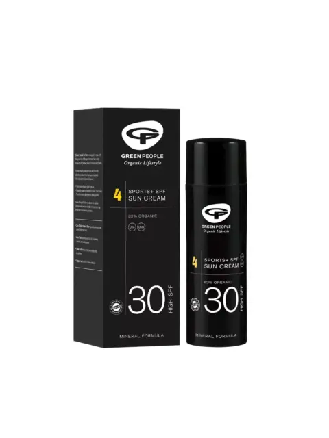 Green People Sports+ SPF 30 Sun Cream, 82% organic, black bottle and box.