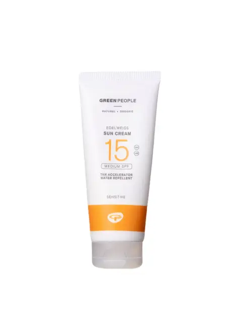Green People Edelweiss Sun Cream SPF 15, medium protection, 200ml tube.