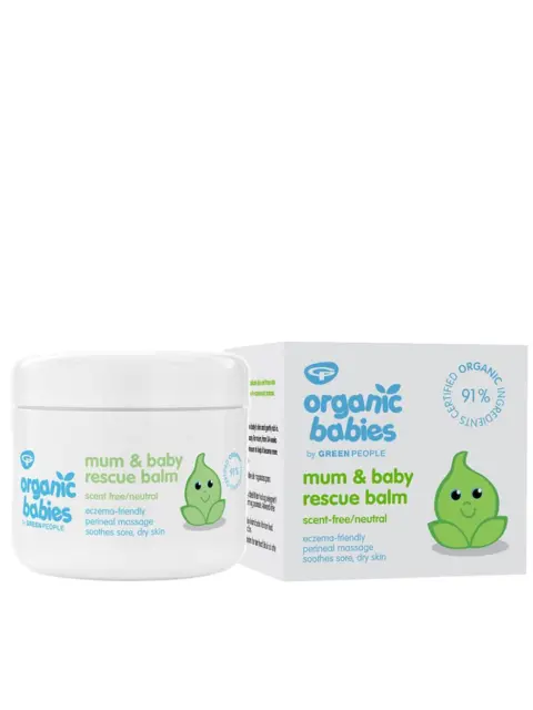 Mum & baby rescue balm jar and box, scent-free, eczema-friendly, 91% organic ingredients.