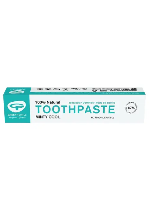 Green People Minty Cool toothpaste box, 100% natural, no fluoride or SLS, 87% organic ingredients.
