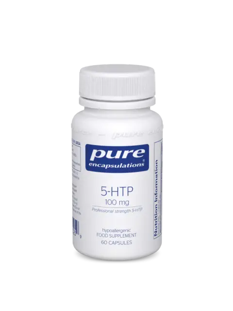 White bottle of Pure Encapsulations 5-HTP, 100 mg, 60 capsules.