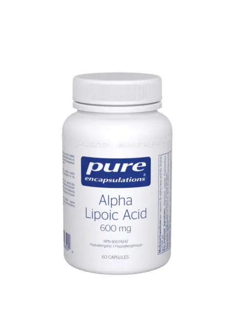 Pure encapsulations Alpha Lipoic Acid 600 mg, 60 capsules, white bottle.