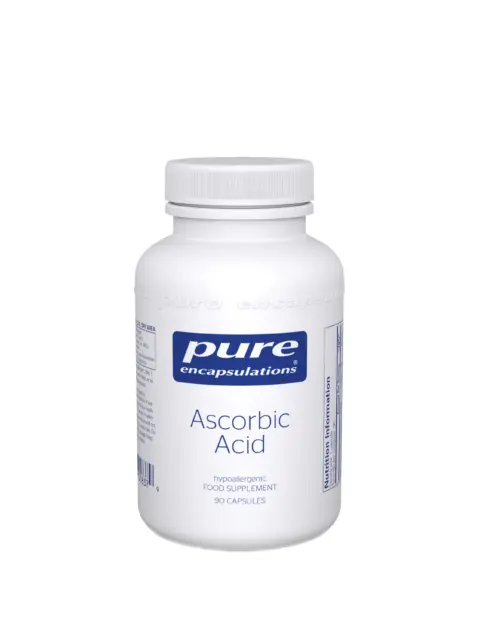 White bottle of Pure Encapsulations Ascorbic Acid, 90 capsules, with label details.
