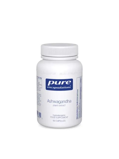 Pure Encapsulations Ashwagandha supplement bottle, 60 capsules, white with blue label.