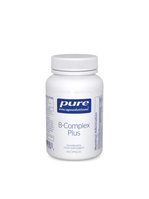 White bottle of Pure Encapsulations B-Complex Plus, 120 capsules, with label details.