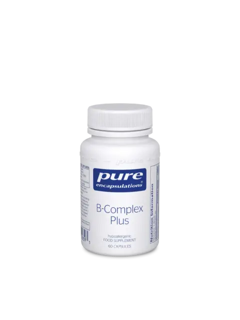 White bottle of Pure Encapsulations B-Complex Plus, 60 capsules, hypoallergenic supplement.